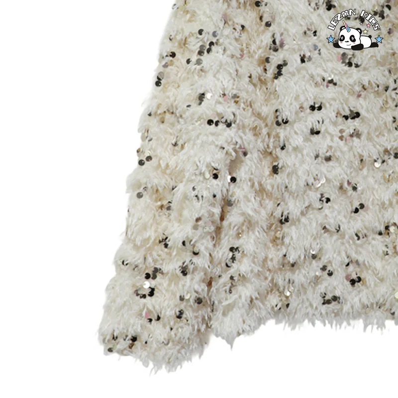 LEZONKIDS - Conjuntos de Roupas Femininas Personalizadas Manga Longa Vestido de Festa com Trajes de Penas Sequins Dourados para Crianças